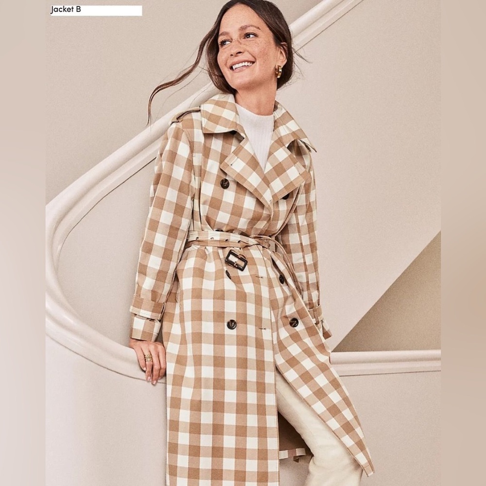 Ann Taylor Beige and White Gingham Trench Coat